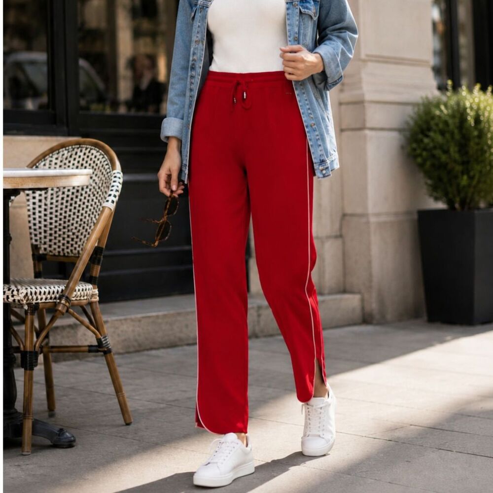 Ted Baker Red Side Slit Track Pants Sz 3 US 8 Pink Piping Sport Luxe Athleisure